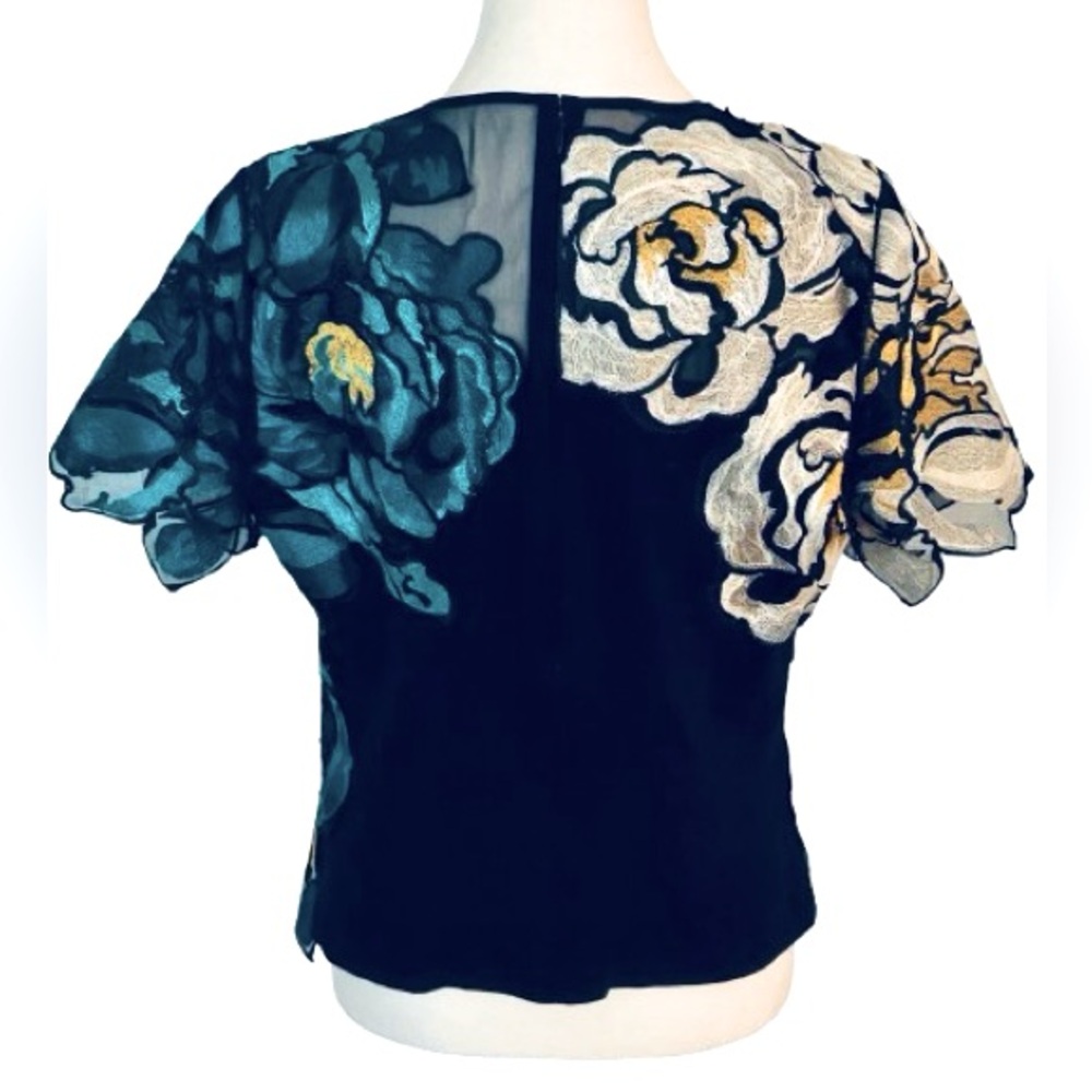 Illusion Appliqué Floral CARLISLE Top Blouse Embroidered Teal Blue Green 12 Aqua